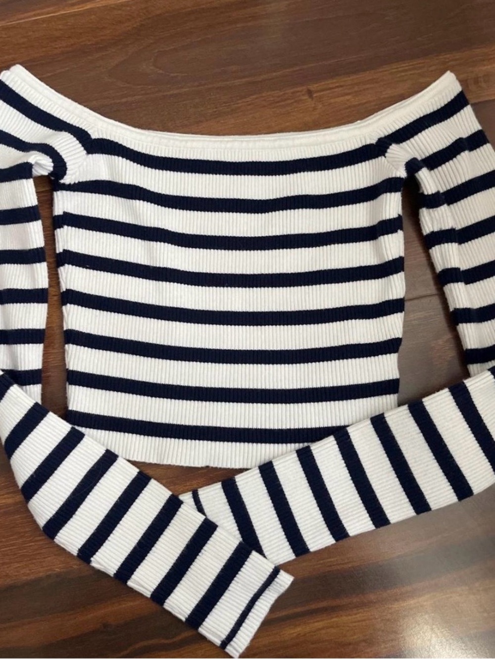 Edikted Navy and White Off-Shoulder Striped Sweater